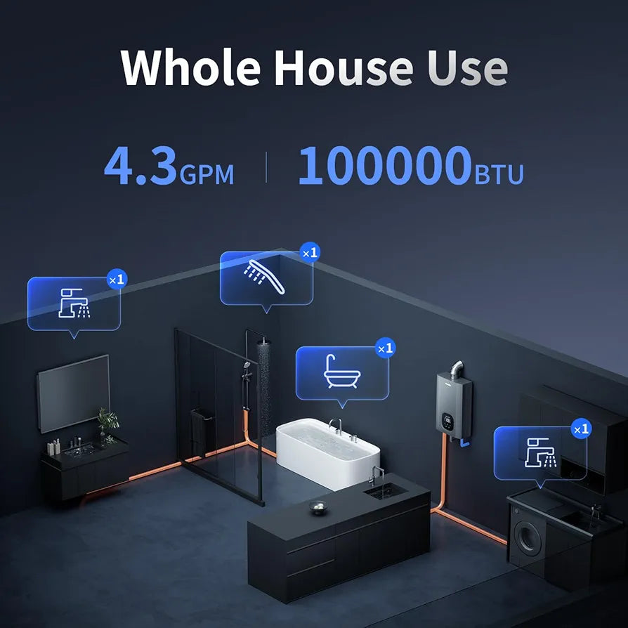 Propane Gas Tankless Water Heater with Vent Pipe, Indoor Max 4.3 GPM, 100,000 BTU Instant Hot Water Heater