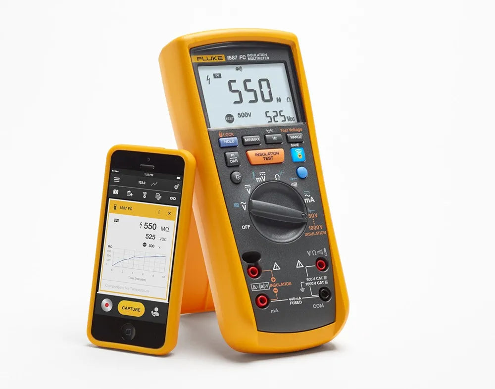 Fluke 1587 FC 2-in-1 Insulation Multimeter, True-RMS, Selectable Insulation Test Voltages Up To 1000 V, Pi/DAR Timed Ratio Tests, Measures Frequency, Includes Low-Pass Filter For Motor Drive VFD