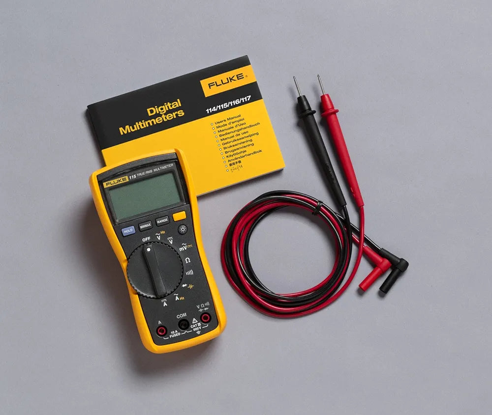 Fluke 115 Digital Multimeter, Measures AC/DC Voltage To 600 V & Current to 10 A, Measures Resistance, Continuity, Frequency & Capacitance, Includes Battery, Holster & 4mm PVC-Insulated Test Lead