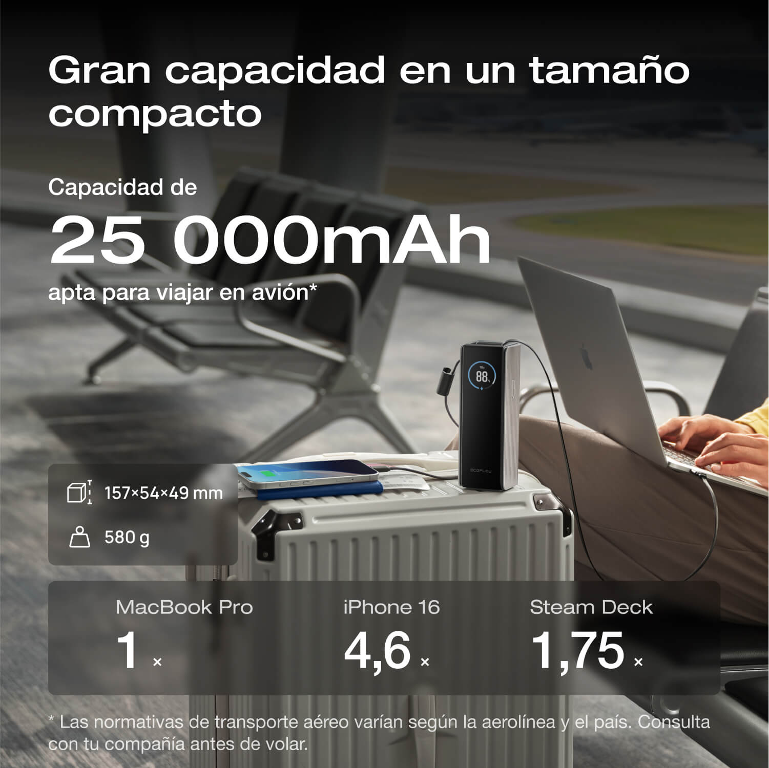 Banco de energía EcoFlow RAPID (25 000 mAh, 170 W, cables integrados y retráctiles de 100 W)