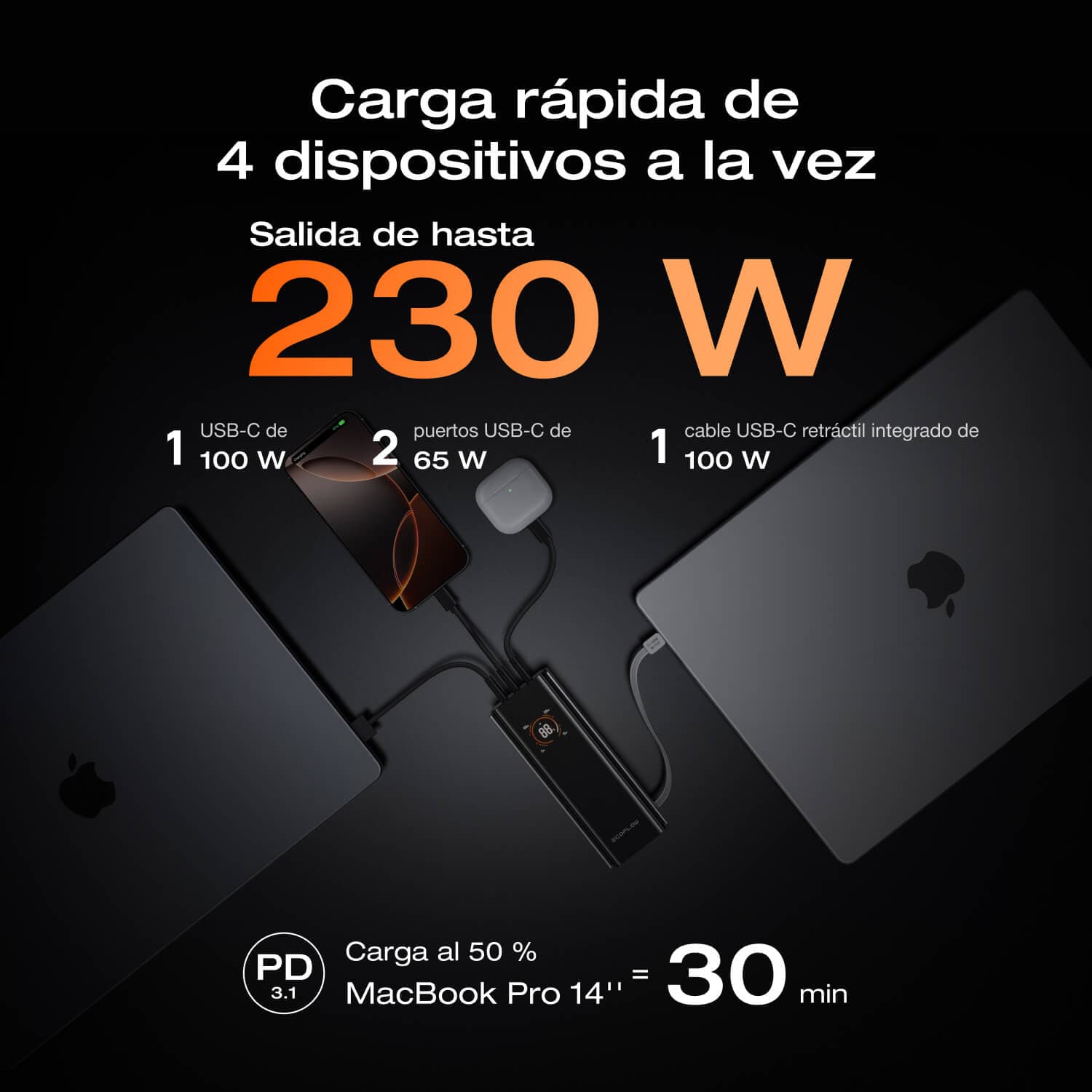 Banco de energía EcoFlow RAPID Pro (20 000 mAh, 230 W, cable integrado de 100 W)