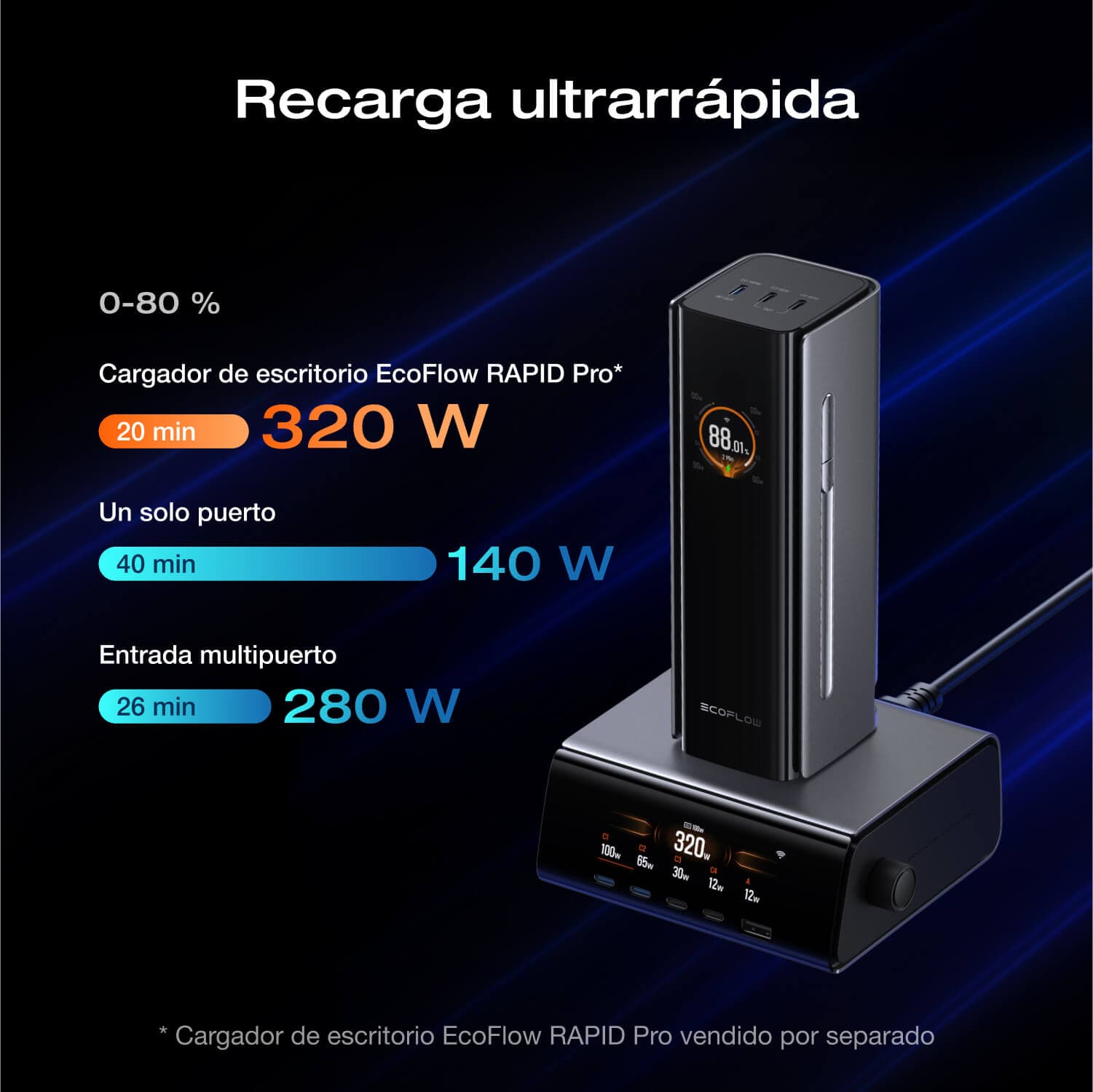 Banco de energía EcoFlow RAPID Pro (27 650 mAh, 300 W, cable integrado de 140 W)