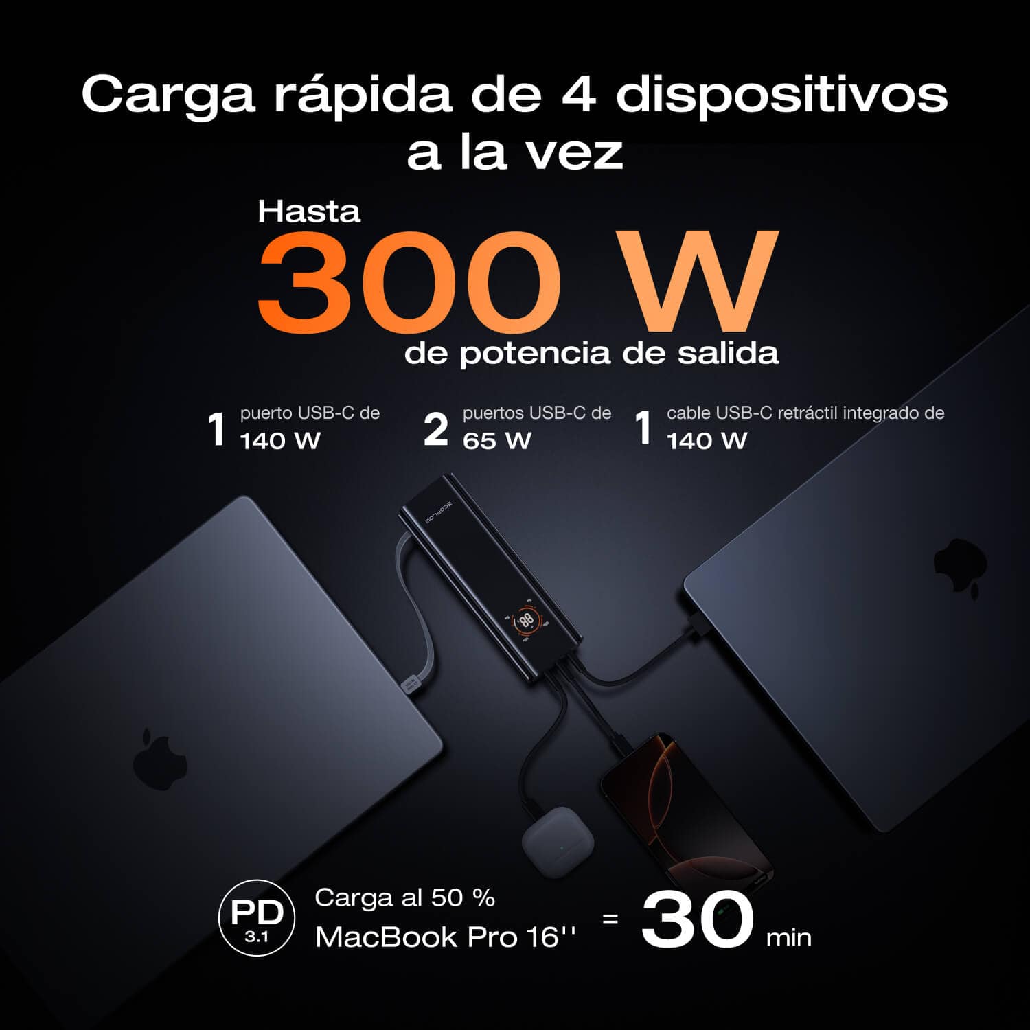 Banco de energía EcoFlow RAPID Pro (27 650 mAh, 300 W, cable integrado de 140 W)