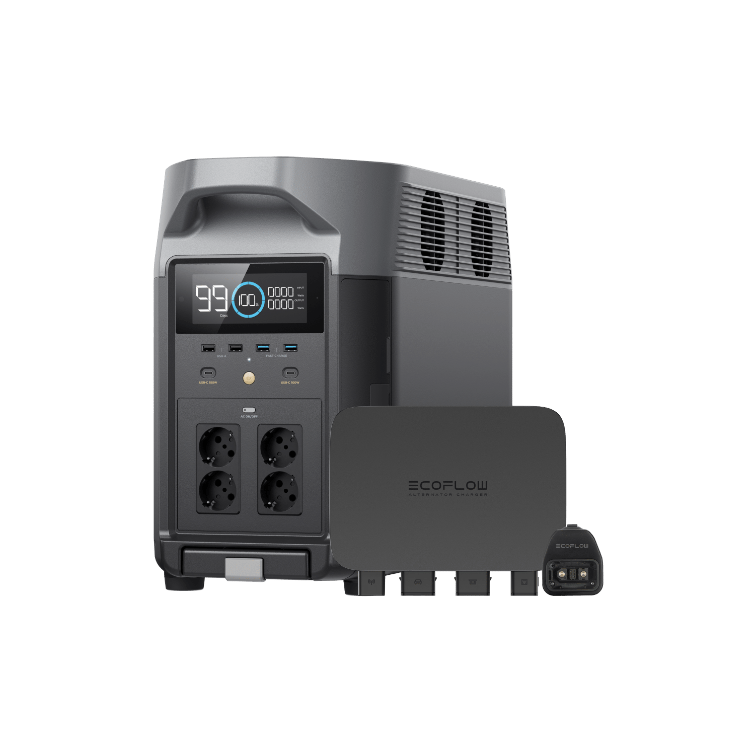 Cargador mediante alternador EcoFlow de 800 W + EcoFlow DELTA Pro + Adaptador para Generador Inteligente