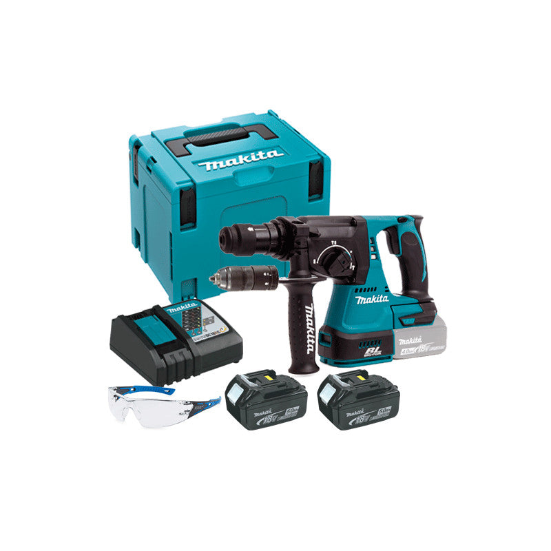 Martillo Electroneumático MAKITA 3 Modos 24mm 18V 2 Baterías 5.0Ah 2 Portabrocas DHR243RTJ + GAFAS PROTECCION